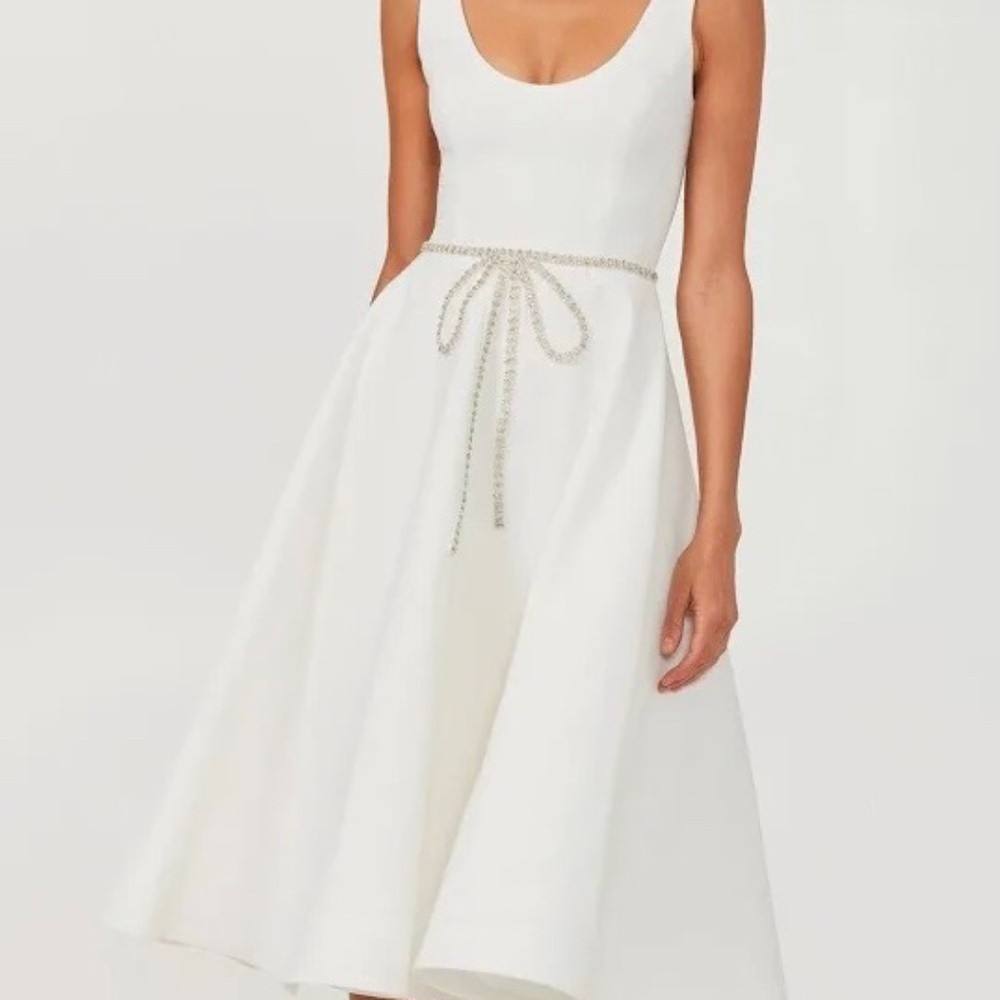 Scoop-Neck White Midi Dress with Crystal Waist Tie
